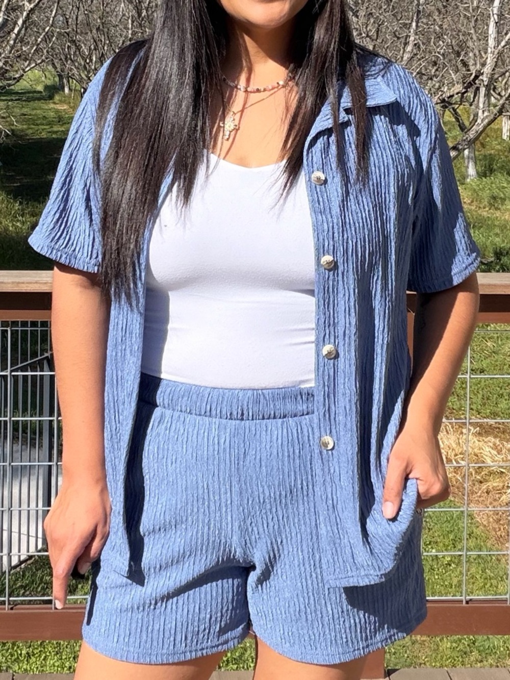 Light Blue Crinkle Two-Piece Shirt & Shorts Set by